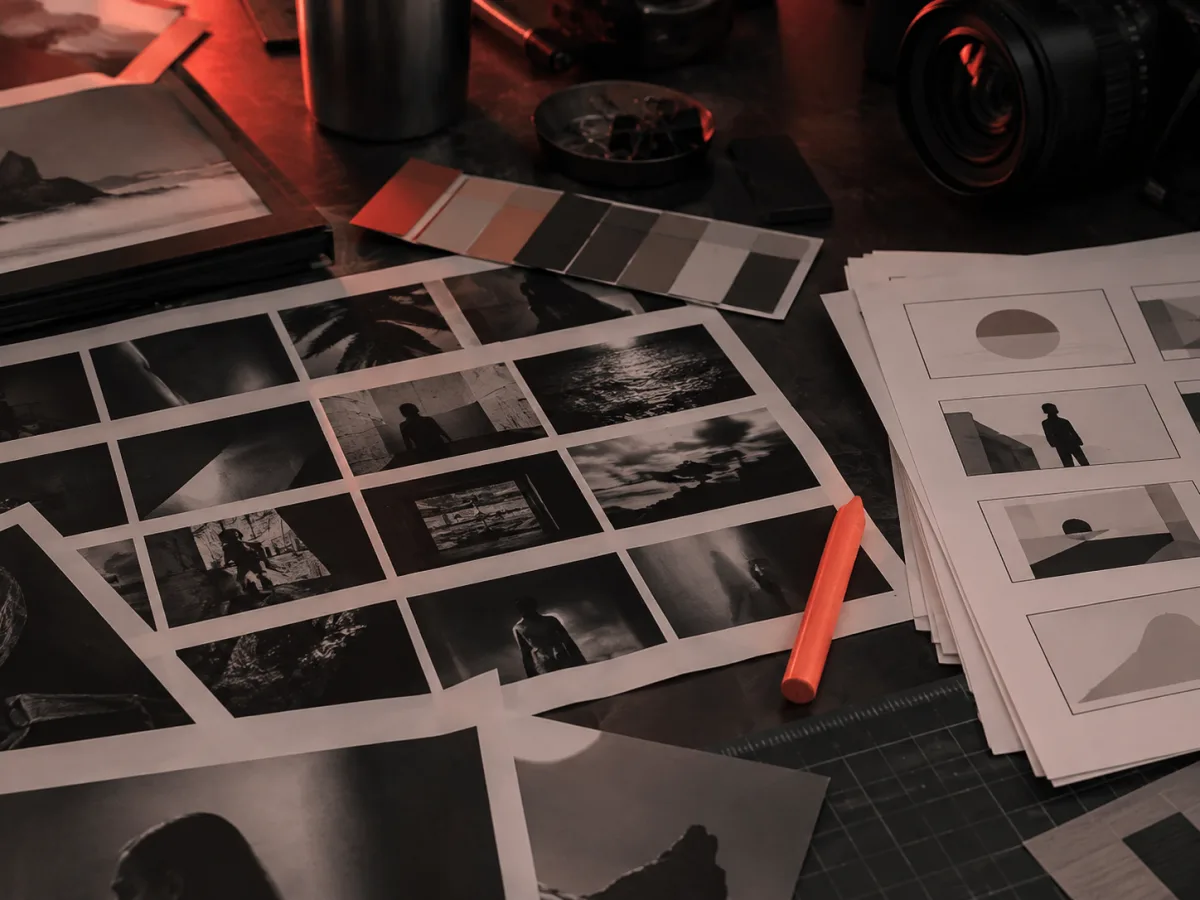 Mesa de produção criativa com seleção de imagens, storyboard, paleta e equipamento fotográfico.