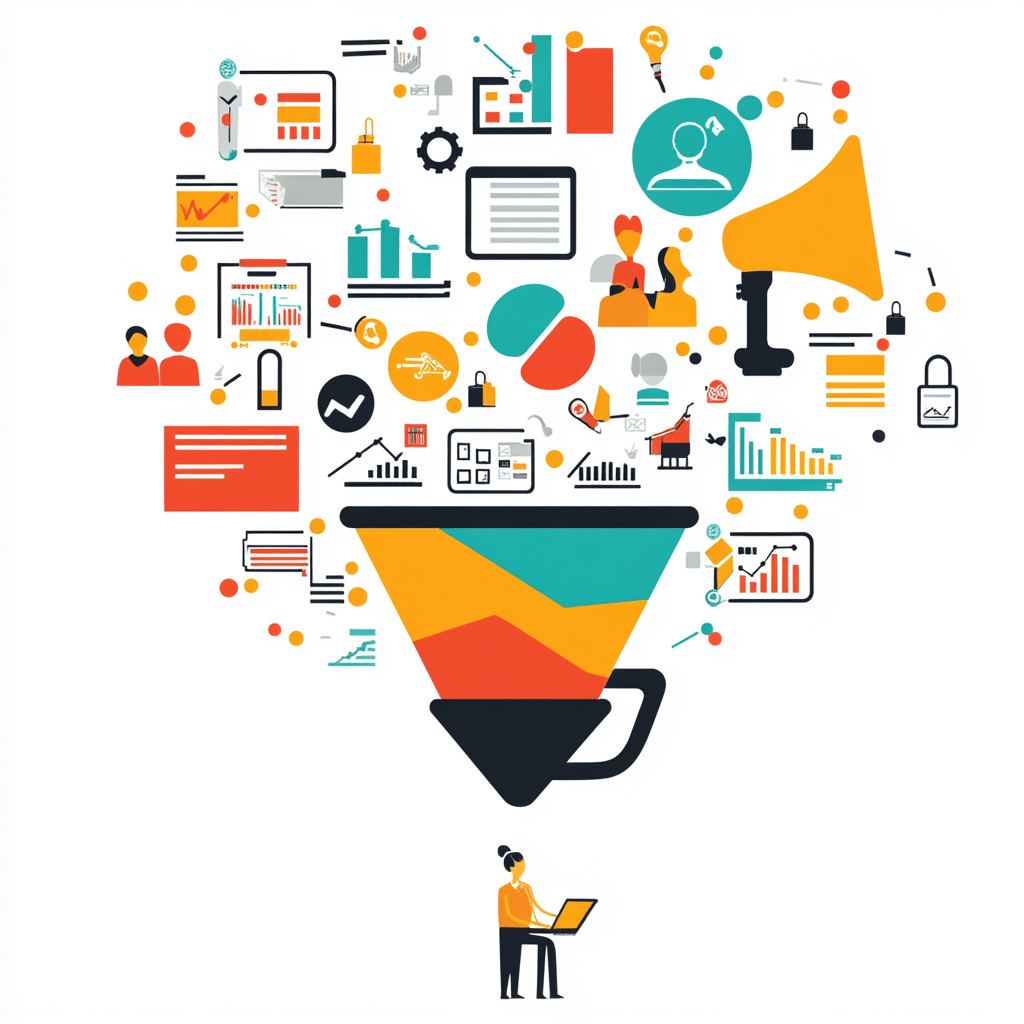 Imagem ilustrativa de estratégia de growth marketing com profissional analisando dados e ícones de marketing ao redor