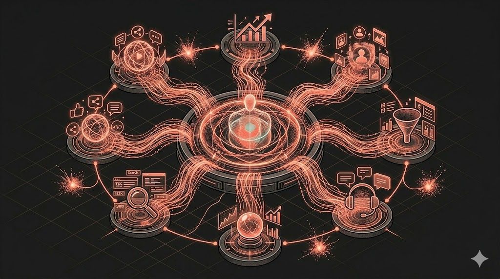 Hub central de agentes de IA com 7 nós orbitais representando aplicações práticas no marketing digital