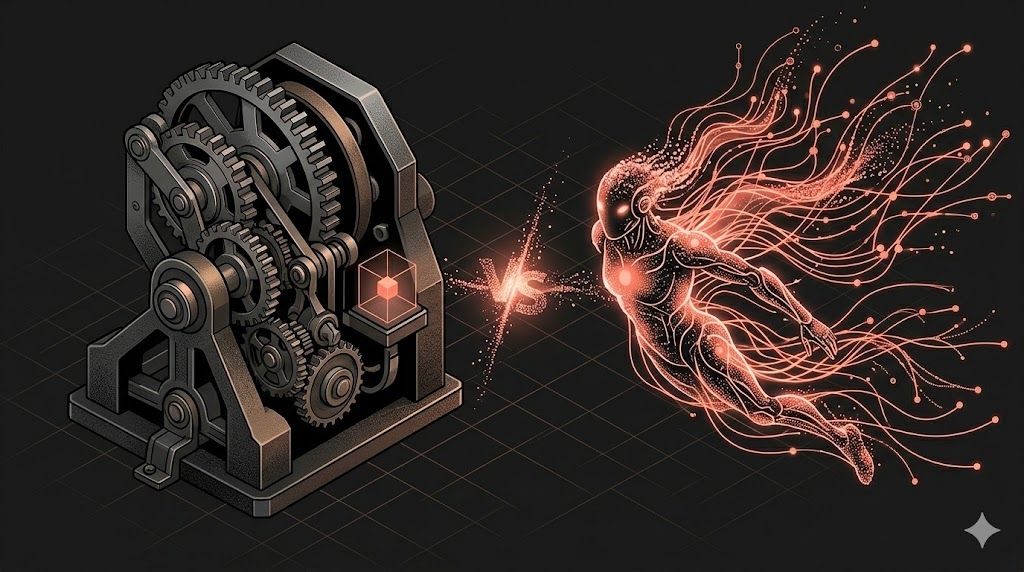 Comparação visual entre ferramenta de IA tradicional com engrenagens rígidas e agente de IA adaptativo com redes neurais fluidas