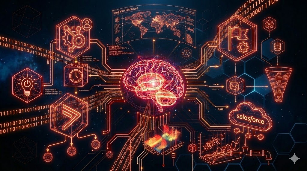 Ícones de plataformas de automação de marketing integradas em 3D com conexões de dados e dashboard holográfico