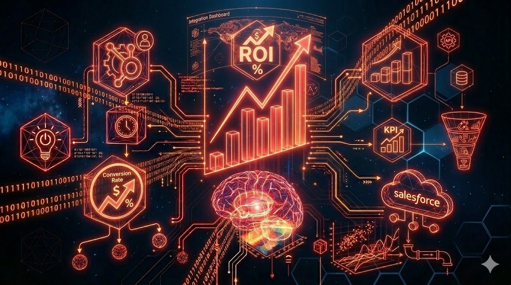 Dashboard holográfico com gráficos de ROI ascendente, KPIs e métricas de performance de automação de marketing