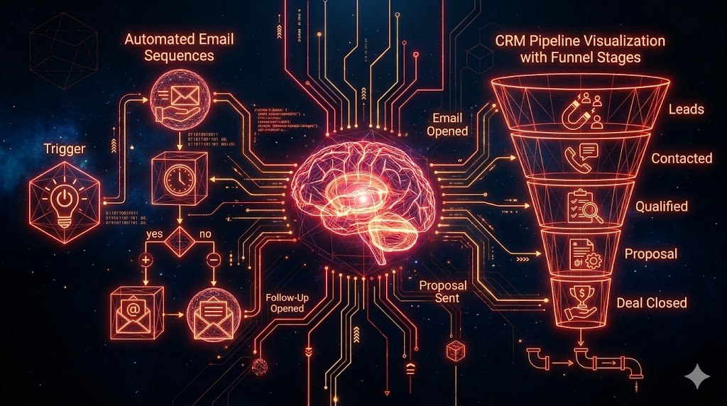 Fluxo de automação de marketing com sequências de e-mail e pipeline de CRM com estágios do funil