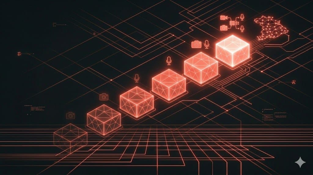 Composição geométrica com seis pilares estratégicos de live commerce representando passos práticos