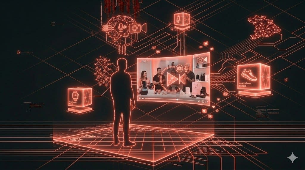 Dashboard futurista com métricas de live commerce e análise preditiva por inteligência artificial