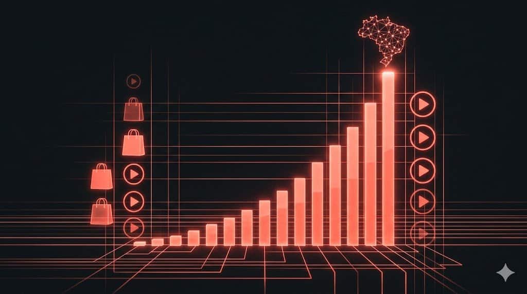 Gráfico de barras minimalista mostrando crescimento exponencial de vendas via live commerce no Brasil
