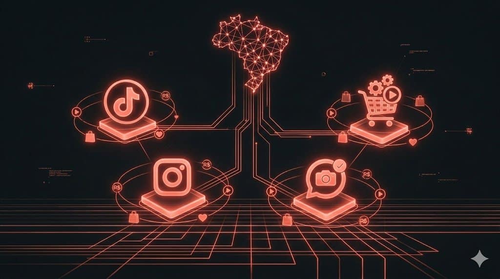 Mapa visual de plataformas de live commerce conectadas representando TikTok Shop, Instagram e WhatsApp Commerce