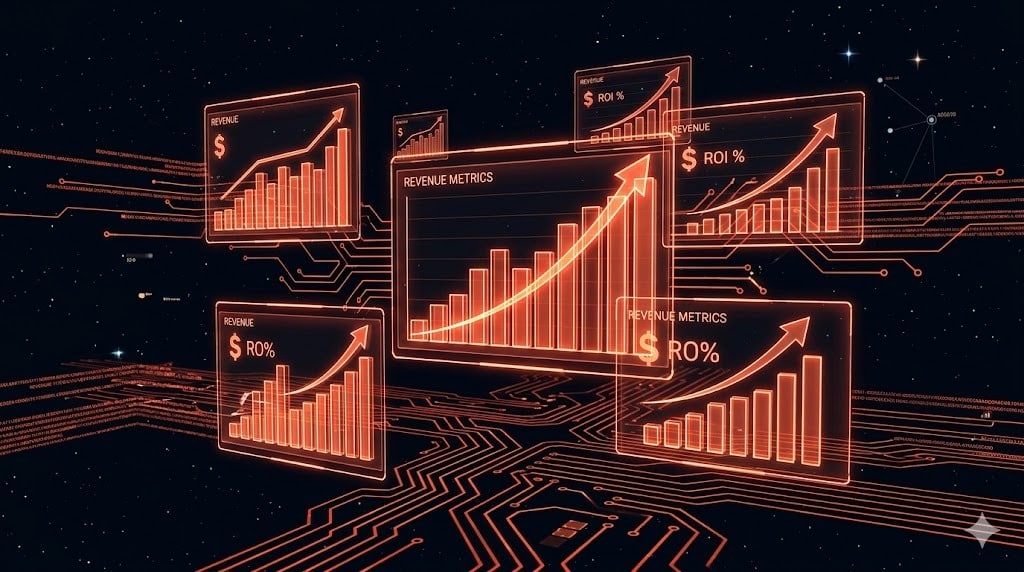 Gráfico de ROI e métricas de receita em estratégia ABM com IA
