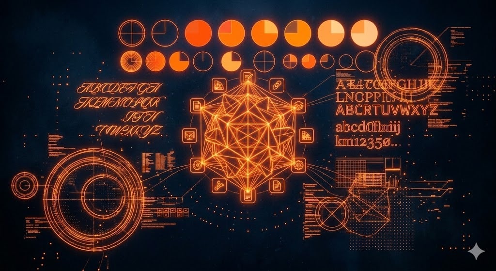 Sistema de design visual explodido mostrando tipografia paleta de cores iconografia e layout em wireframe coral