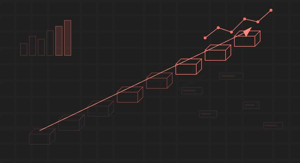 Escada ascendente com métricas de crescimento representando resultados de branding visual