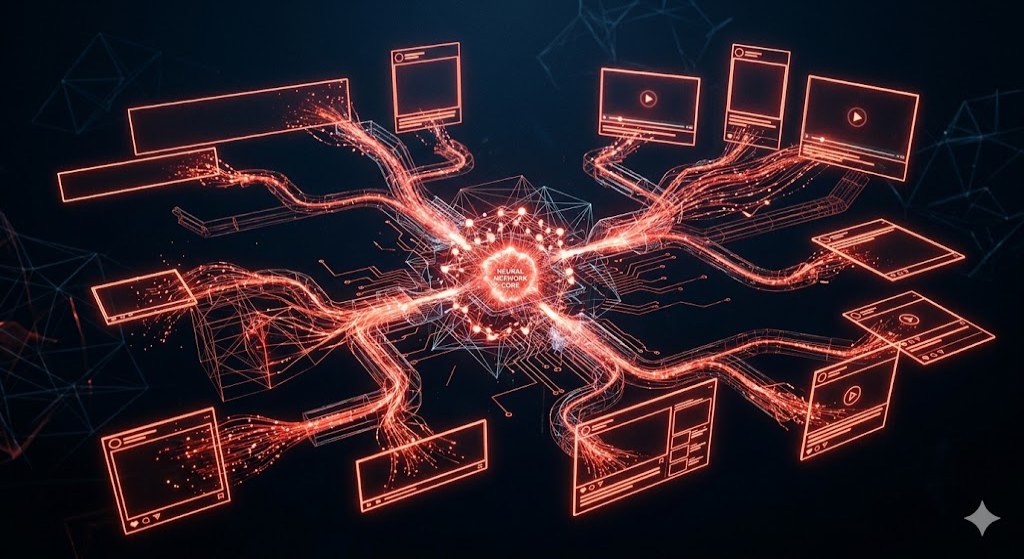 Representação visual de rede neural de IA generativa para criação de criativos publicitários