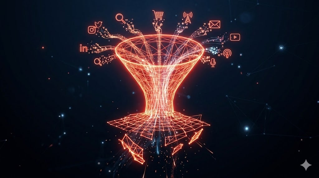 Funil de marketing com múltiplos canais de atribuição