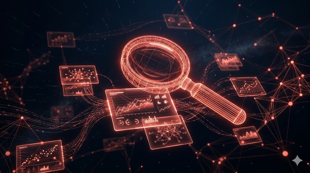 Wireframe neon de lupa analisando perfis de empresas com grafos de dados e conexões de IA