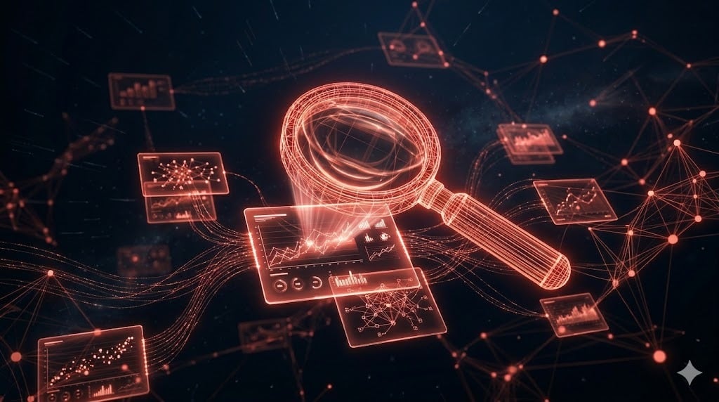 Wireframe neon de painel holográfico com múltiplas ferramentas de marketing integradas por IA