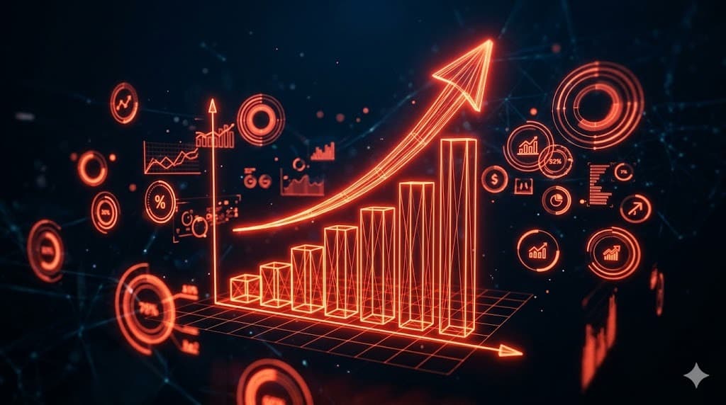 Wireframe neon de gráfico de barras ascendente com seta de ROI e indicadores KPI flutuantes