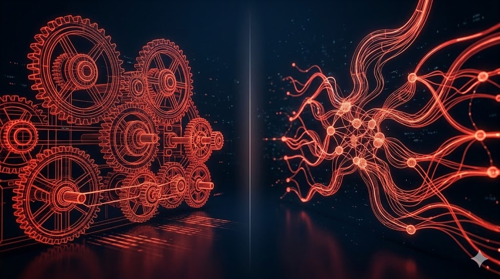 Comparação visual entre automação de marketing tradicional com engrenagens rÃgidas e agentes de IA com redes neurais adaptativas