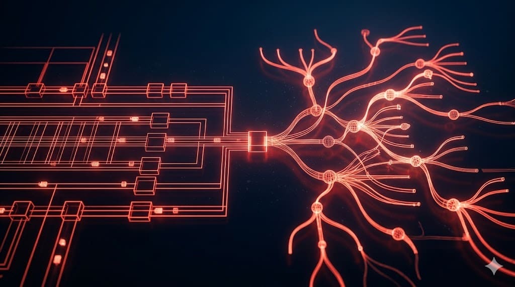 Automacao linear versus agente autonomo com ramificacoes de decisao em wireframe neon