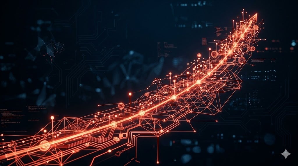 Timeline 3D com crescimento exponencial de agentes de IA no marketing em 2026