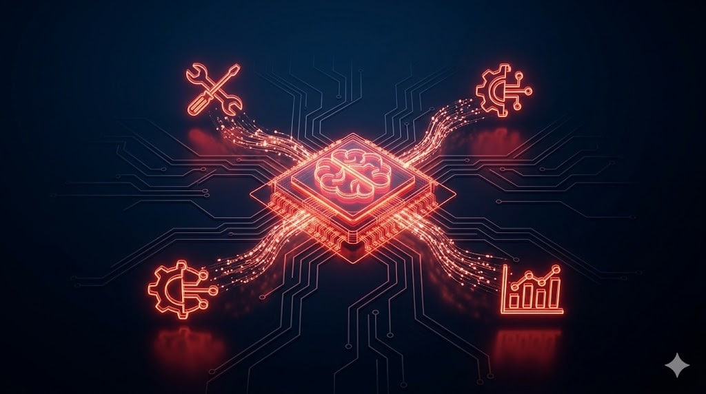 Arquitetura de agente de marketing com nucleo central conectado a ferramentas