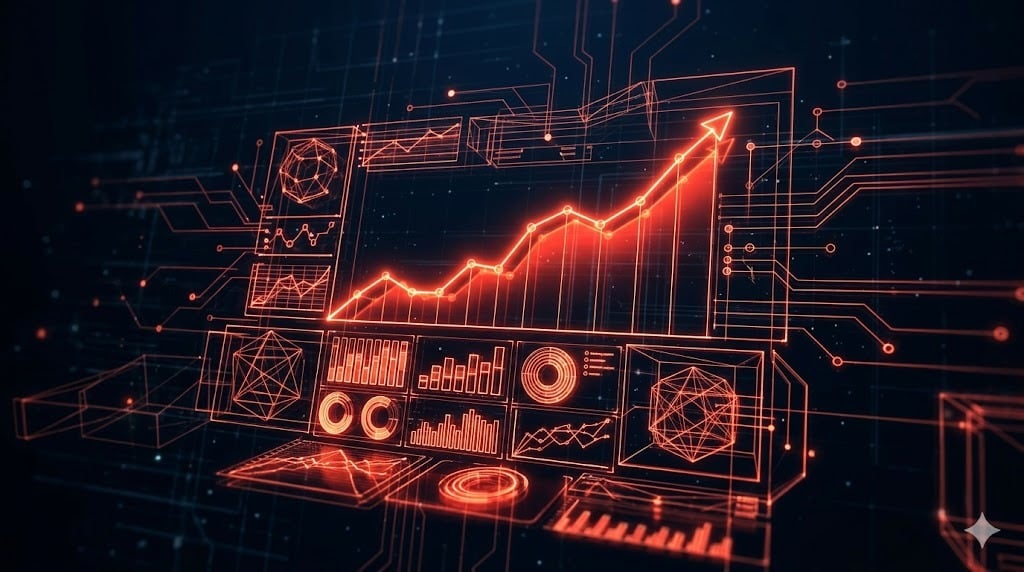 Dashboard wireframe com ROI crescente representando medicao de performance