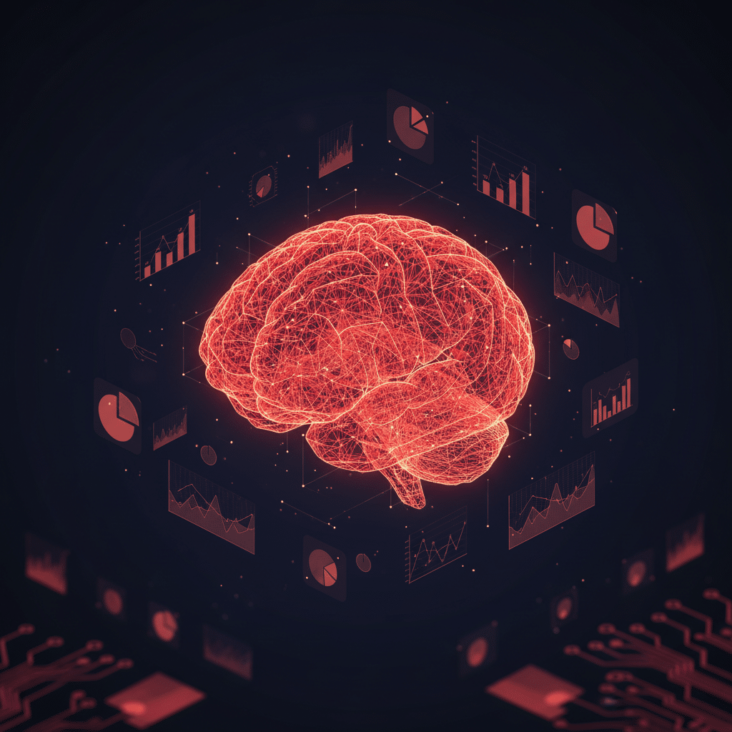 3D holographic brain floating center frame, isometric perspective, glowing red-orange wireframe (#E8472A to #FF6B35), dark gradient background (#050a14 to #0a1628), surrounded by floating data visualization elements - mini bar charts, pie segments, connection nodes, circuit traces, subtle light bloom effects, scattered light particles, depth of field with foreground blur, futuristic tech hologram style