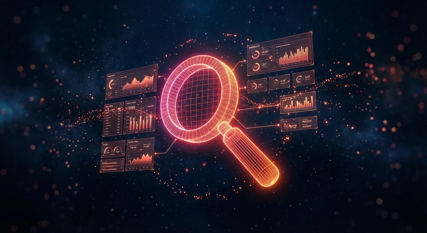 3D wireframe magnifying glass hovering at center, side view angle, neon red-orange glow (#E8472A to #FF6B35), dark space background (#050a14 to #0a1628), floating dashboard panels and metric cards orbiting around it, glowing connection lines, particle effects, light dots scattered throughout scene, holographic HUD interface aesthetic, depth of field blur on edges