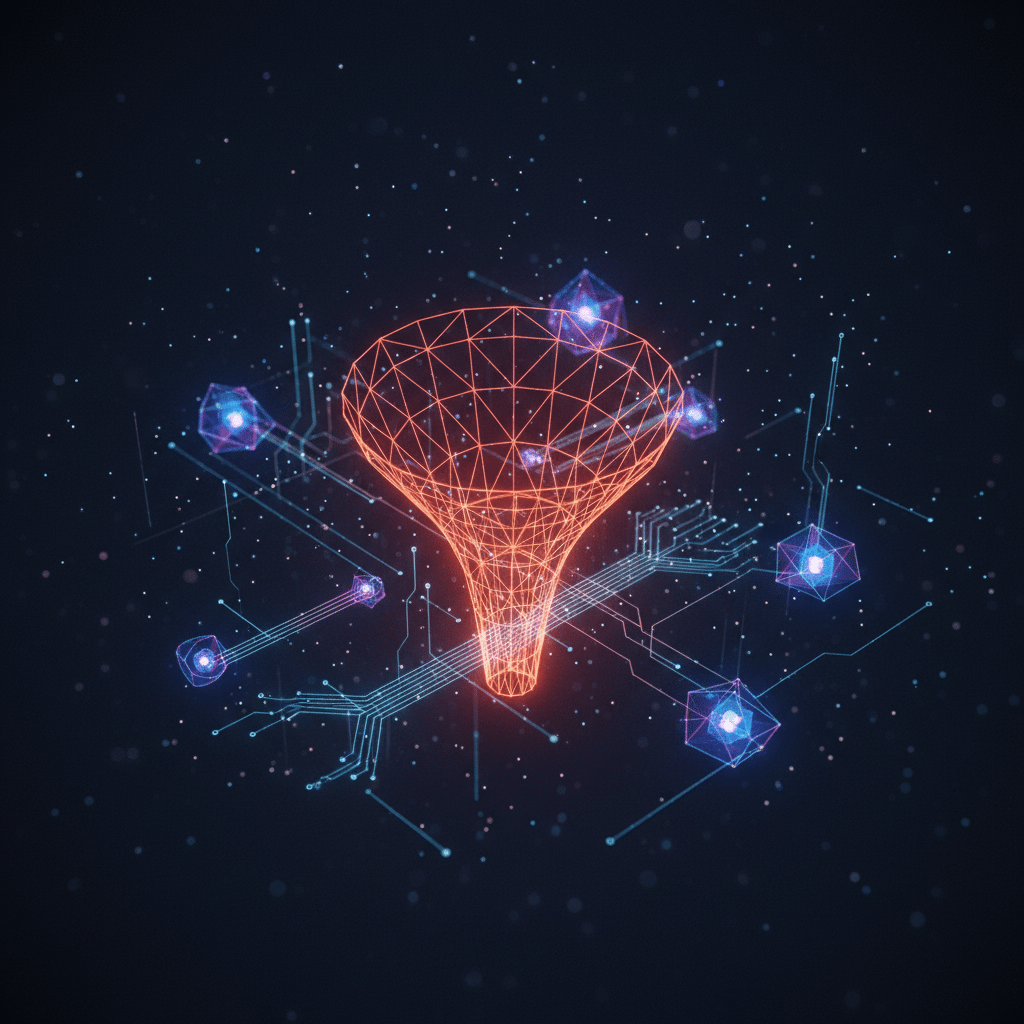 3D holographic funnel structure center composition, top-down perspective view, glowing wireframe in red-orange gradient (#E8472A to #FF6B35), dark background gradient (#050a14 to #0a1628), surrounded by floating process nodes, data flow elements, circuit pathways, light bloom effects, scattered particles, futuristic Blade Runner interface style, depth of field with selective focus