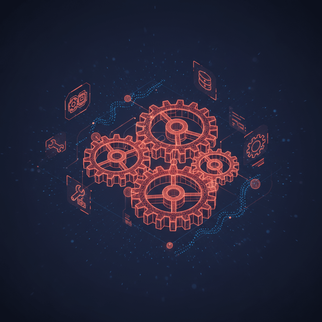 3D wireframe gear system floating center frame, close-up isometric angle, neon red-orange hologram (#E8472A to #FF6B35), dark gradient backdrop (#050a14 to #0a1628), surrounded by floating tool icons, integration nodes, data streams, glowing connection traces, particle effects, light dots, Iron Man HUD aesthetic, depth of field with background blur