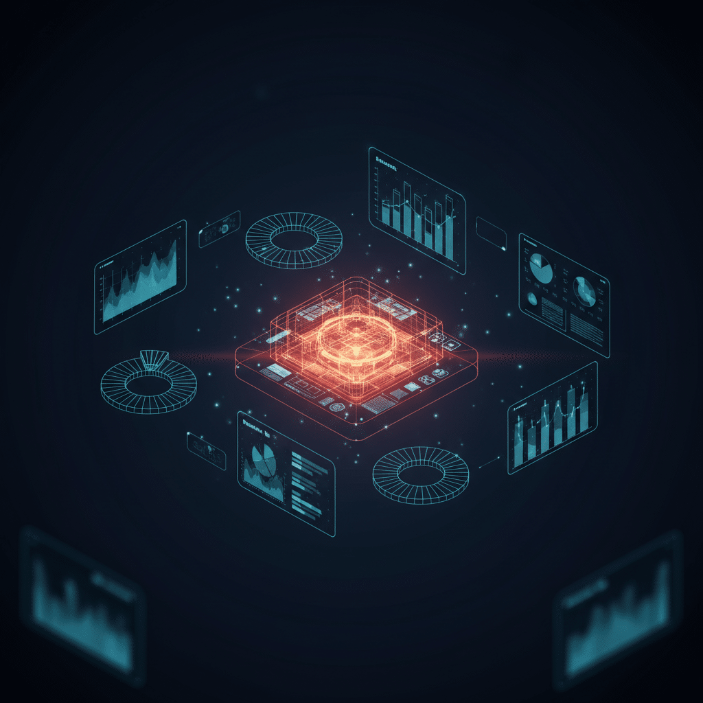 3D holographic wireframe dashboard floating in isometric perspective, dark gradient background #050a14 to #0a1628, central glowing control panel rendered in red-orange wireframe #E8472A to #FF6B35 with light bloom, surrounded by floating data visualization elements - pie charts, bar graphs, metric cards hovering around the main interface, subtle particle effects and light dots scattered throughout, depth of field with foreground elements slightly blurred, futuristic tech hologram style