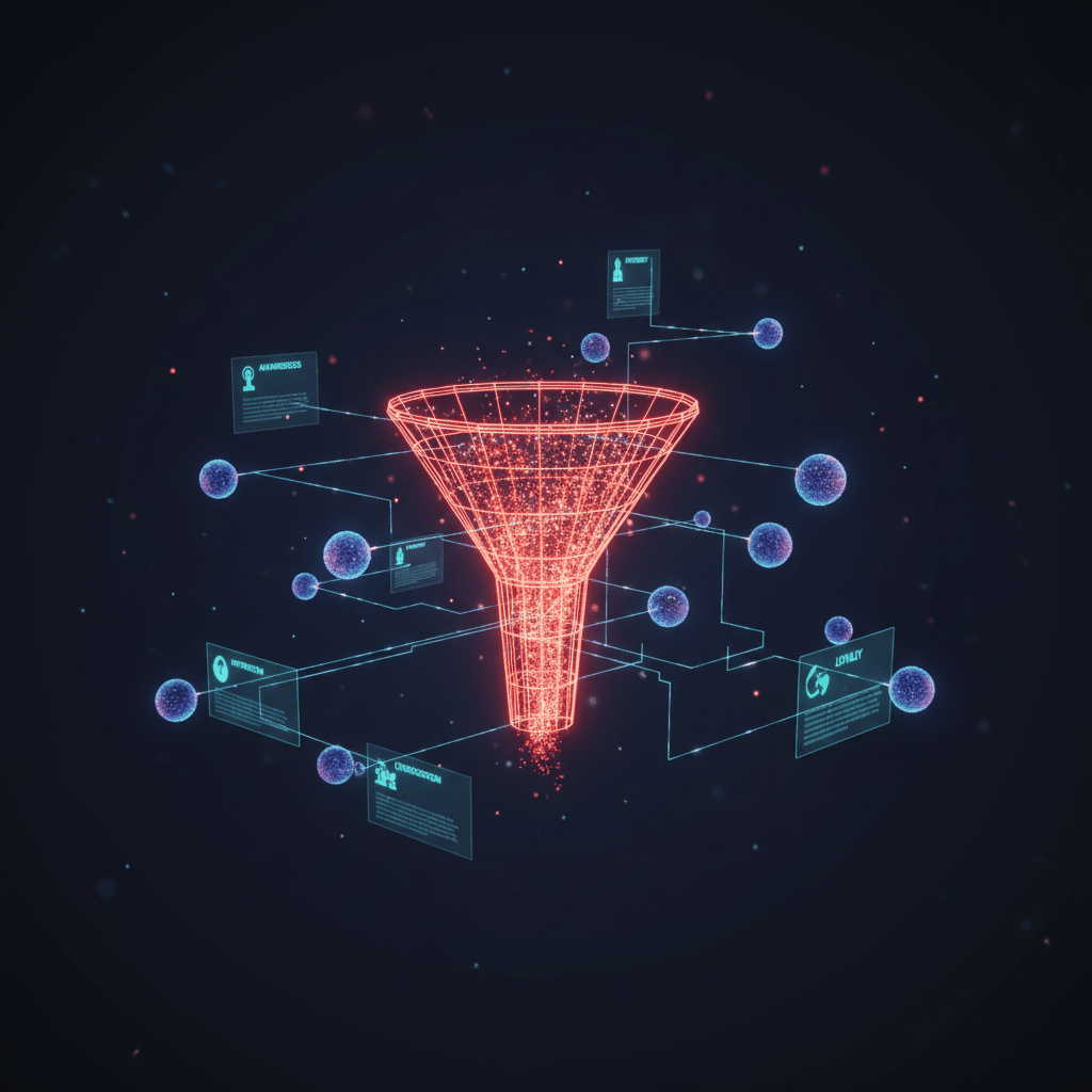 3D holographic wireframe funnel structure in side view perspective, dark gradient background, central glowing funnel object in red-orange neon wireframe with particle flow effects moving through it, surrounded by floating connection nodes, pathway traces, and small data cards representing customer journey stages, light bloom and circuit-like traces connecting elements, scattered light particles, futuristic HUD visualization style