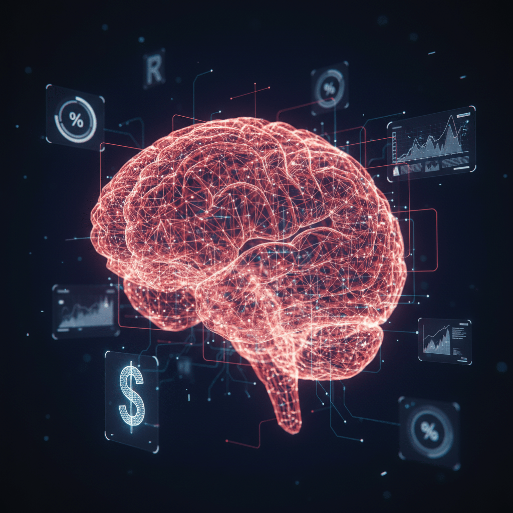 3D holographic wireframe brain structure as central object in close-up perspective, dark gradient background, neural network-style brain rendered in red-orange neon wireframe with pulsing connections, surrounded by floating analytical elements - mini dashboards, performance indicators, revenue symbols in wireframe form, light particles flowing between connections, circuit-like traces, futuristic interface style with depth of field