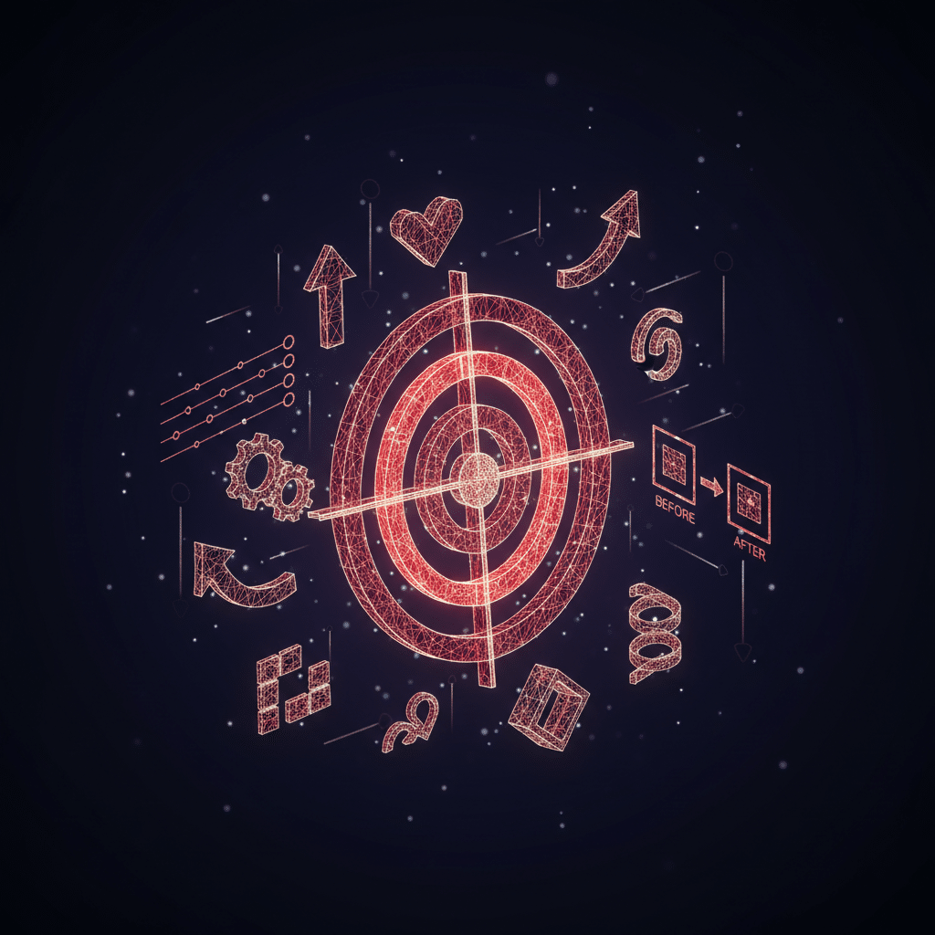 3D holographic wireframe target bullseye in diagonal isometric view, dark background gradient, central target structure with concentric circles in glowing red-orange wireframe, surrounded by floating timeline elements, growth arrows, transformation indicators, before/after comparison symbols all in wireframe style, particle effects and light bloom, scattered luminous dots creating depth, Iron Man HUD aesthetic