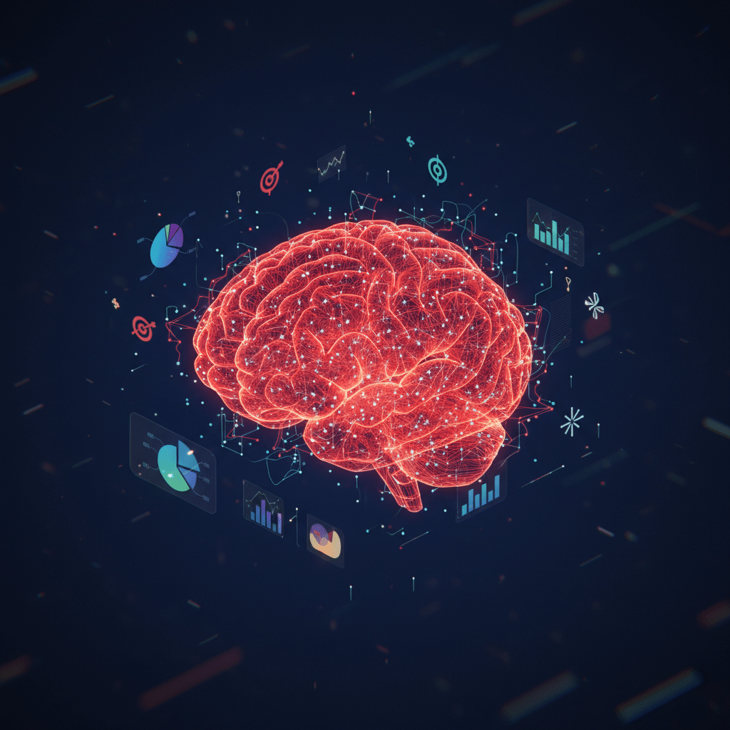 3D holographic brain floating in center with isometric perspective, glowing red-orange wireframe (#E8472A to #FF6B35), surrounded by orbiting data visualization elements - floating pie charts, bar graphs, and connection nodes. Dark gradient background (#050a14 to #0a1628). Brain has pulsing neural network patterns with light particles flowing between synapses. Smaller holographic elements include target icons, performance meters, and creative spark symbols scattered around. Depth of field with foreground blur, particle effects and light bloom throughout scene.