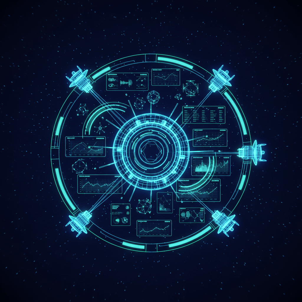 3D holographic dashboard interface floating in space, wireframe construction with glowing neon edges, viewed from top-down angle. Central control panel surrounded by floating metric cards, graph elements, and data visualization nodes. Connecting light traces between dashboard and satellite elements. Dark background gradient with scattered light particles. Holographic gauges, progress bars, and analytical instruments orbiting the main dashboard. Subtle bloom effects on all wireframe edges.