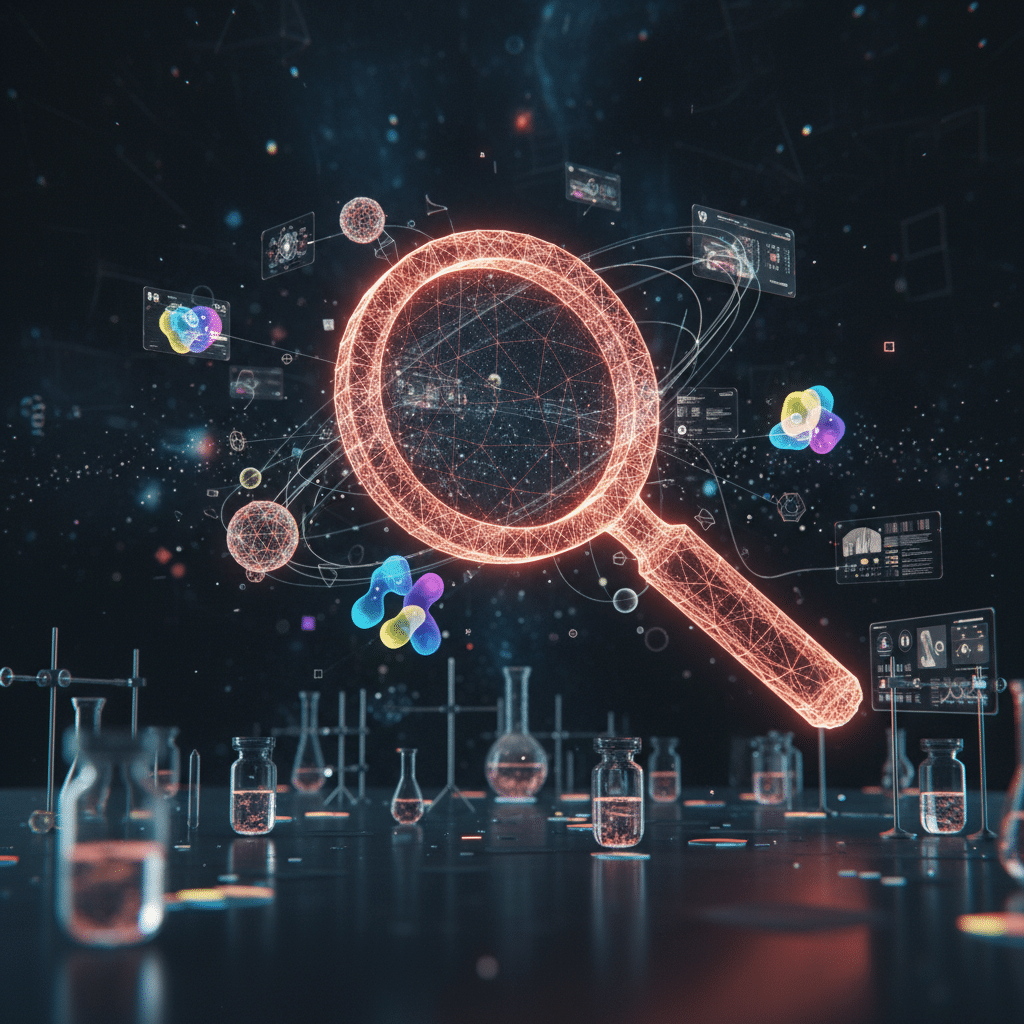 3D holographic magnifying glass as central object, side view perspective, with multiple smaller creative elements floating around - abstract shapes representing different ad variations, color swatches, and testing nodes. Wireframe construction with red-orange gradient glow. Laboratory-style setup with floating experiment containers and measurement devices. Connection lines linking various creative elements. Dark space background with particle effects and depth of field blur on foreground elements.