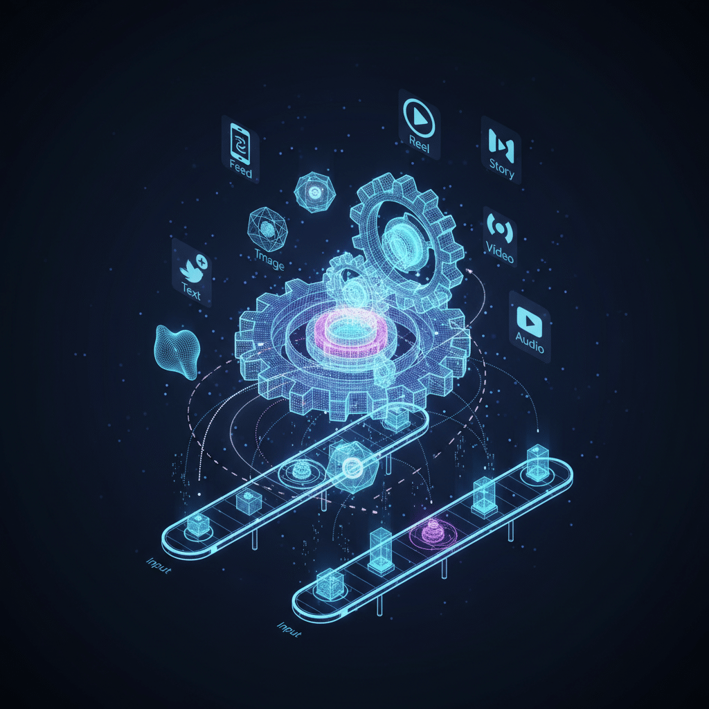 3D holographic gear system in close-up isometric view, interlocking mechanical elements with glowing wireframe structure. Surrounded by floating platform icons representing different social media formats, adaptive content blocks, and transformation nodes. Automated assembly line aesthetic with conveyor elements and processing stations. Light traces showing content flow between different format outputs. Dark gradient background with scattered light particles and bloom effects on all holographic elements.