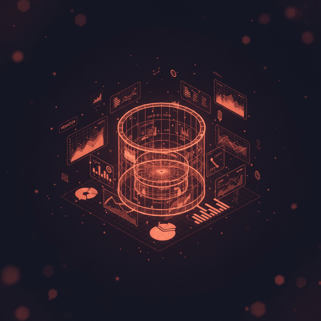 3D holographic dashboard floating in isometric perspective, glowing red-orange wireframe (#E8472A to #FF6B35) against dark gradient background (#050a14 to #0a1628). Central cylindrical dashboard object with floating mini chart cards, performance graphs, and data visualization elements surrounding it. Particle effects and light bloom create depth. Smaller wireframe elements like bar charts, pie segments, and metric indicators orbit the main dashboard. Subtle depth of field with foreground blur, scattered light dots throughout scene. Futuristic tech hologram style.