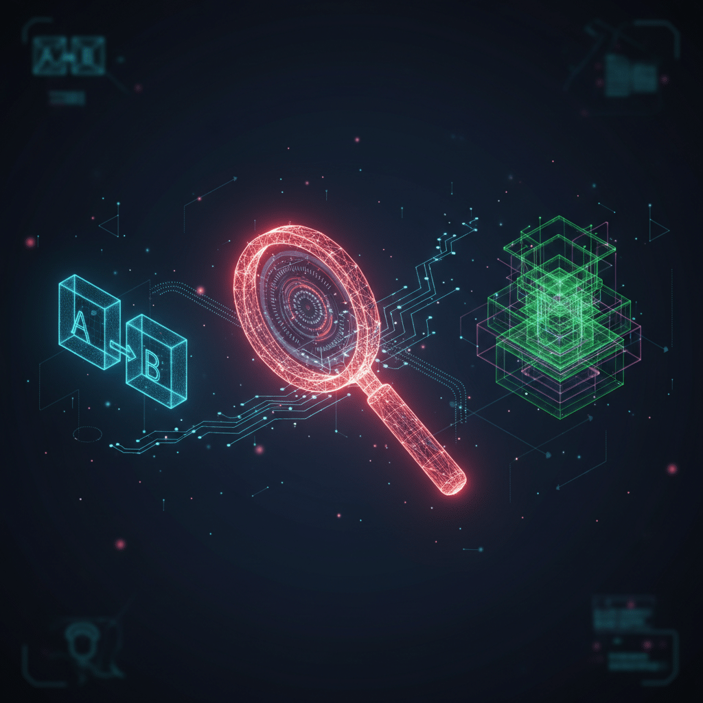 3D holographic magnifying glass as central object, rendered in glowing red-orange wireframe with neon bloom effects. Dark gradient background, isometric view. Two distinct floating wireframe structures on either side - simple A/B comparison boxes versus complex multi-layered testing framework with branching connections. Circuit traces and data nodes connect the elements. Particle effects and light dots scattered across scene. Depth of field blur on foreground elements. Futuristic HUD visualization style.