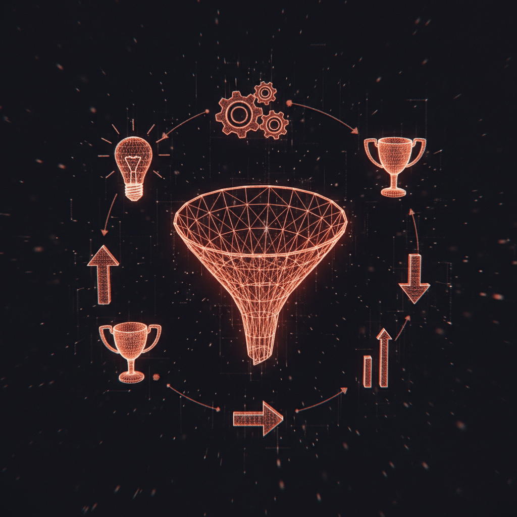 3D holographic funnel structure as central object, glowing red-orange wireframe against dark background. Top-down perspective showing process flow from wide opening to narrow output. Floating wireframe elements include lightbulb shapes, gear mechanisms, trophy objects, and scaling arrows arranged in logical sequence around the funnel. Connection nodes and circuit traces link the elements. Particle effects with light bloom, scattered luminous dots. Depth of field effect, futuristic tech interface aesthetic.