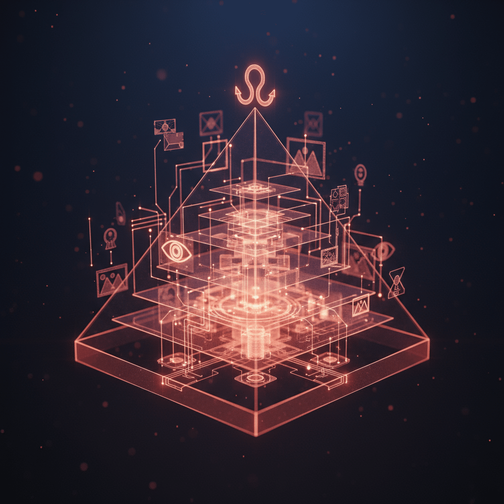 3D holographic pyramid as central object, glowing red-orange wireframe with multiple transparent layers. Close-up angled perspective against dark gradient background. Floating wireframe elements arranged hierarchically - hook symbols at top, visual components like eye icons and image frames at lower levels. Circuit connections between layers, particle effects throughout. Light bloom on wireframe edges, scattered glowing dots. Depth of field blur, futuristic hologram visualization style.