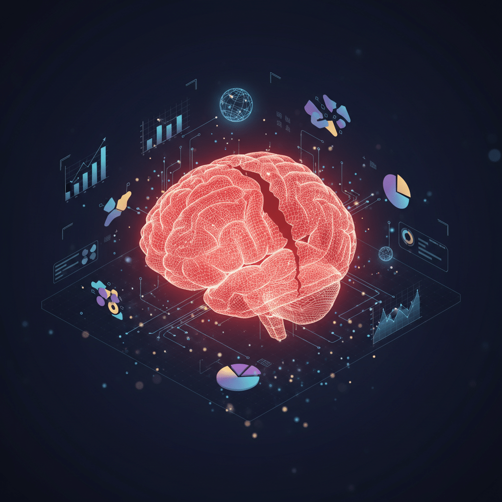 3D holographic wireframe brain as central object in isometric view, glowing red-orange gradient (#E8472A to #FF6B35), surrounded by floating data visualization elements - mini bar charts, pie chart fragments, and performance metric nodes connected by glowing circuit traces. Dark gradient background (#050a14 to #0a1628). Light bloom effects around brain with scattered particle dots. Gap visualization shown through disconnected wireframe segments between creative and analytical elements. Depth of field with foreground particles slightly blurred. Futuristic HUD interface style.