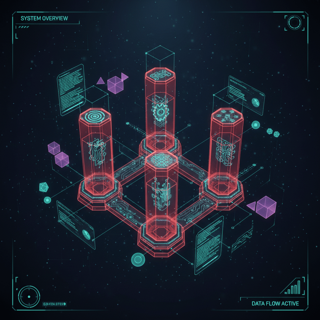3D holographic wireframe hexagonal framework structure as central object, top-down perspective, six interconnected pillars rendered in glowing red-orange wireframe. Floating smaller elements include data cards, connection nodes, and geometric shapes orbiting the framework. Dark tech background with gradient. Particle effects and light dots scattered throughout scene. Each pillar shows different wireframe symbols - target, gear, chart elements. Subtle light bloom and circuit trace connections between elements. Iron Man HUD aesthetic.