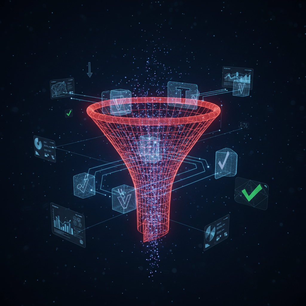3D holographic wireframe funnel as central object in side view angle, glowing red-orange gradient wireframe. Process flow visualization through floating checkpoint nodes, validation gates, and data stream particles flowing through the funnel structure. Circuit traces connecting various stages. Dark gradient background with scattered light particles. Smaller elements include floating mini dashboards, approval checkmarks as wireframe symbols, and data flow indicators. Depth of field effects with futuristic hologram styling.