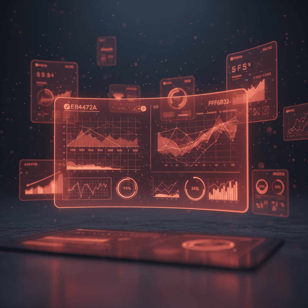 3D holographic wireframe dashboard screen as central object in close-up perspective, curved display surface showing wireframe chart elements, performance indicators, and metric visualizations. Floating data cards and analytical nodes surrounding the main dashboard. Red-orange glowing wireframe (#E8472A to #FF6B35) against dark background gradient. Light bloom effects with scattered particles. Smaller elements include floating metric symbols, comparison charts, and performance indicators. Blade Runner interface aesthetic with depth of field.
