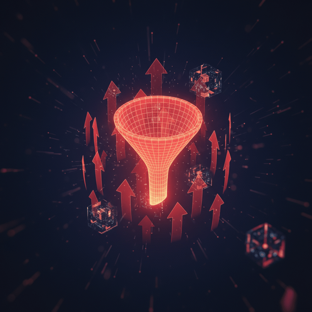 3D holographic wireframe funnel floating in center, glowing red-orange gradient (#E8472A to #FF6B35), surrounded by ascending arrow shapes and floating data visualization cubes, dark gradient background (#050a14 to #0a1628), isometric perspective, particle effects and light bloom, depth of field with blurred foreground elements, futuristic tech hologram style