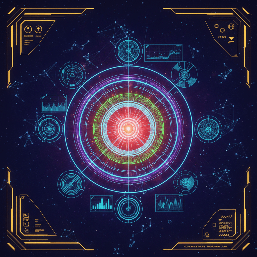 Central 3D target with concentric rings in neon wireframe, red-orange holographic glow, floating sector symbols and comparison charts orbiting around it, top-down camera angle, dark space background with gradient, scattered light particles and connection nodes, Iron Man HUD interface aesthetic, subtle bloom effects