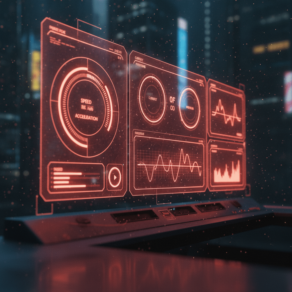 Large 3D dashboard display panel at center, wireframe holographic structure, glowing performance meters and comparison widgets floating nearby, side view perspective, red-orange neon gradients, particle system with light dots, Blade Runner-style visualization, depth of field blur on surrounding elements