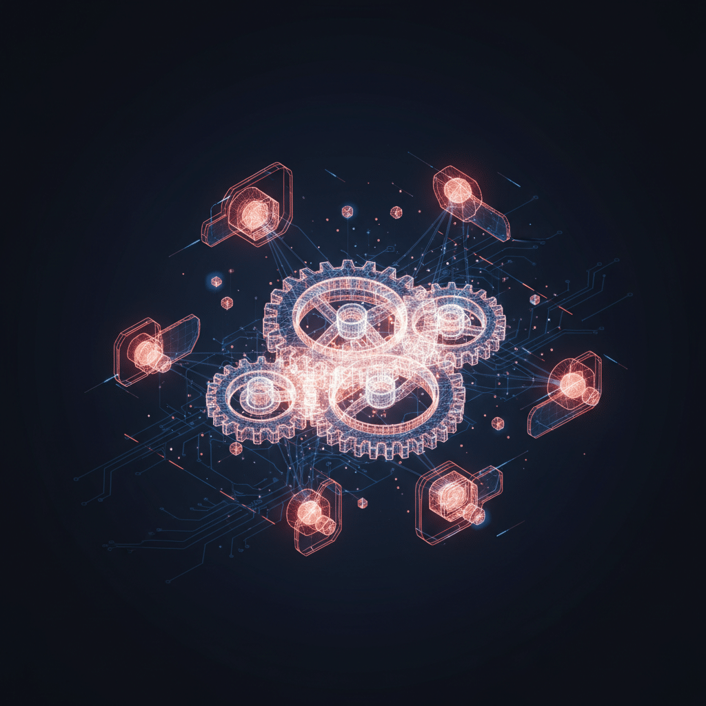 Central 3D gear mechanism with interlocking components, holographic wireframe rendering, surrounded by floating experimental framework elements and process nodes, close-up isometric view, dark gradient backdrop, red-orange glow with light particles, futuristic HUD visualization style, circuit trace patterns in background