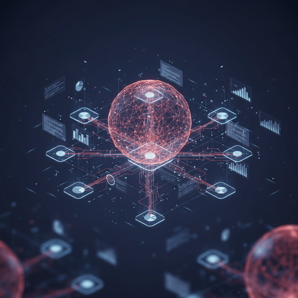3D holographic network sphere floating in center, intricate wireframe connections branching outward to multiple decision-maker nodes, complex pathways weaving between floating data cards and mini charts, isometric perspective, dark gradient background #050a14 to #0a1628, glowing red-orange wireframe #E8472A to #FF6B35 with light bloom, scattered particles and connection traces, depth of field with blurred foreground elements, futuristic tech hologram style