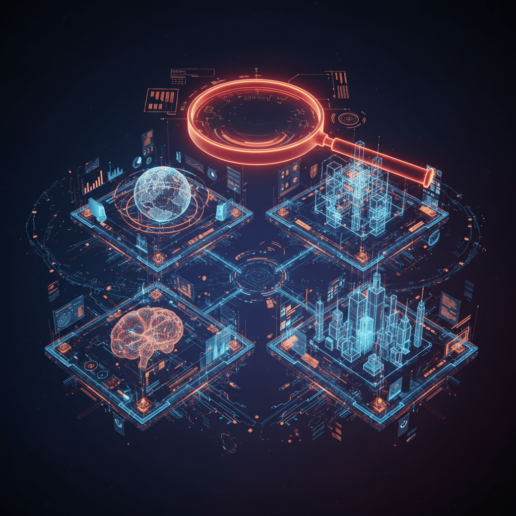 Central magnifying glass hovering above four distinct floating platform sections, each platform displaying different wireframe structures and mini analytics elements, top-down angled view, holographic particle effects connecting the sections, dark background gradient, neon red-orange glow with subtle bloom, circuit traces weaving between floating data nodes, depth of field blur on outer elements, Iron Man HUD aesthetic